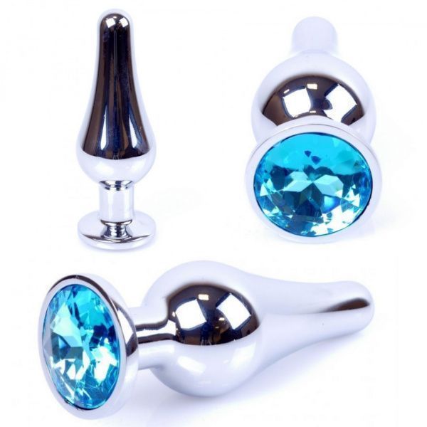 Металлическая анальная пробка с кристаллом Boss Jewellery Silver Butt Plug Light, 9,5 см (голубой) 15996 фото