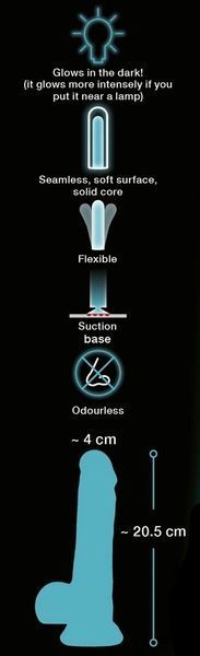 Фалоімітатор Glow in the Dark Silicone Dildo, 20.5 см (блакитний) 81726 фото