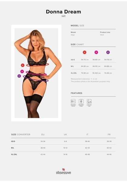 Эротический комплект нижнего белья Obsessive Donna Dream, XS/S (черный) 33726 фото