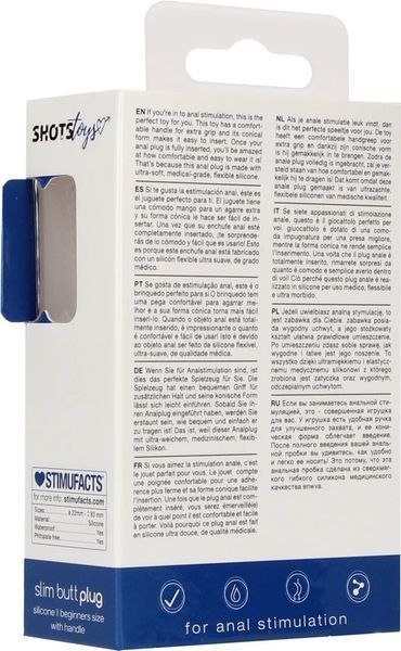 Анальная пробка ShotsToys Slim Butt Plug, 8.3 см (синий) 80716 фото