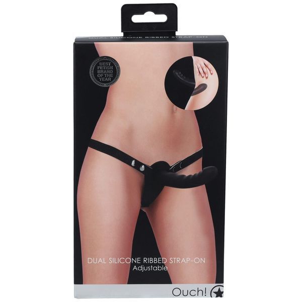 Страпон з подвійним дилдо Ouch! Dual Silicone Ribbed Strap-On, регульований, чорний 52086 фото